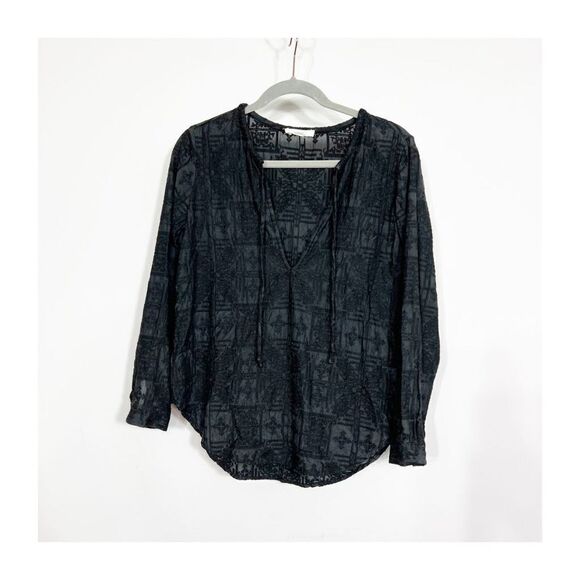 Capulet Blouse Top Textured Black 3/4 Sleeve Cotton V Neck Womens Medium - Picture 1 of 8